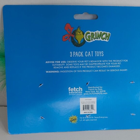 Dr. Seuss's The Grinch 3-Pack Cat Toys With Feathers Pet Animal Christmas - Picture 7 of 7